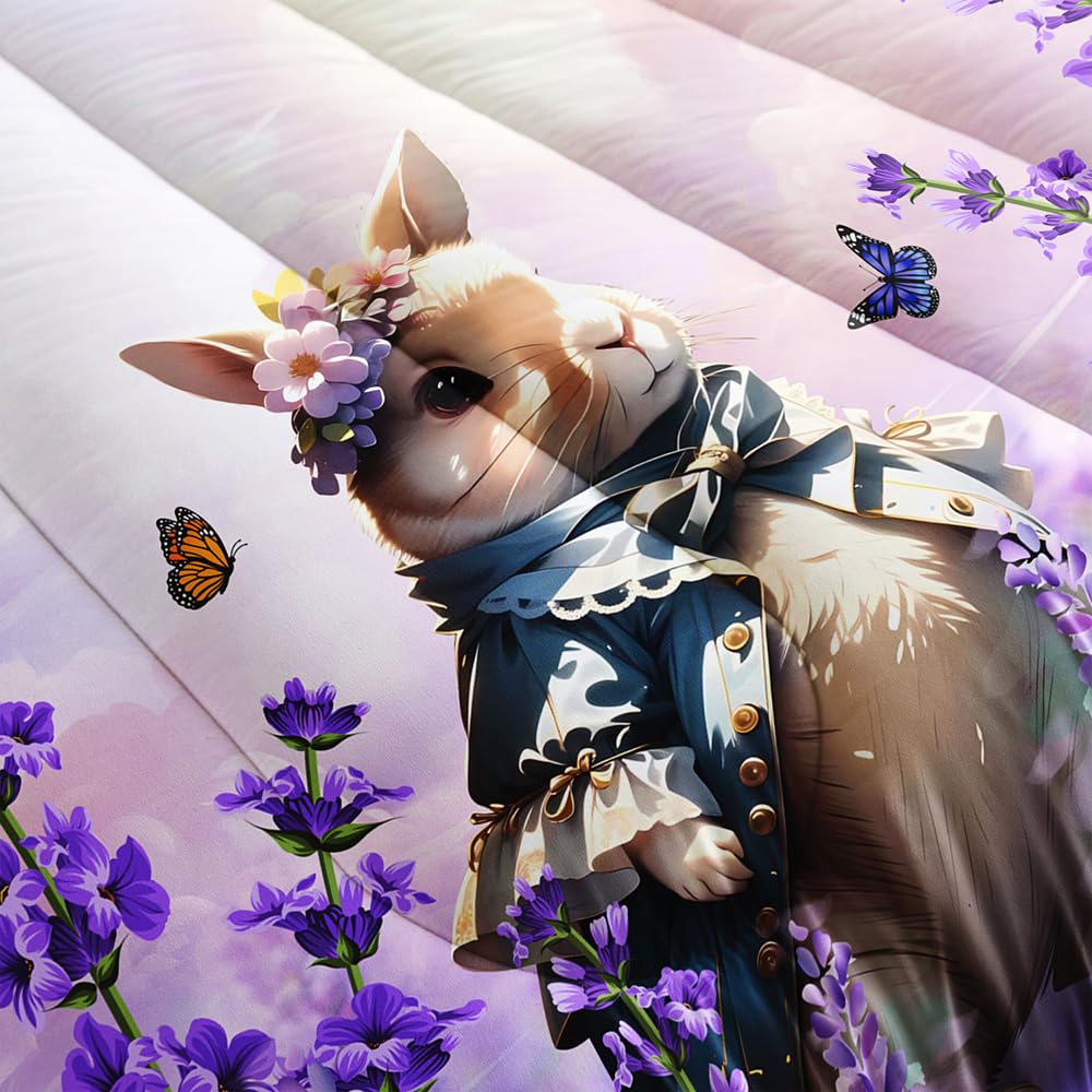 XYNHML Lavender Rabbit Comforter Twin Kids Rabbit Bedding Set Cute Bunny Quilt Bed Set Bedroom Decor Includes 1 Comforter, 2 Pillowcases for Girls Boys Teens