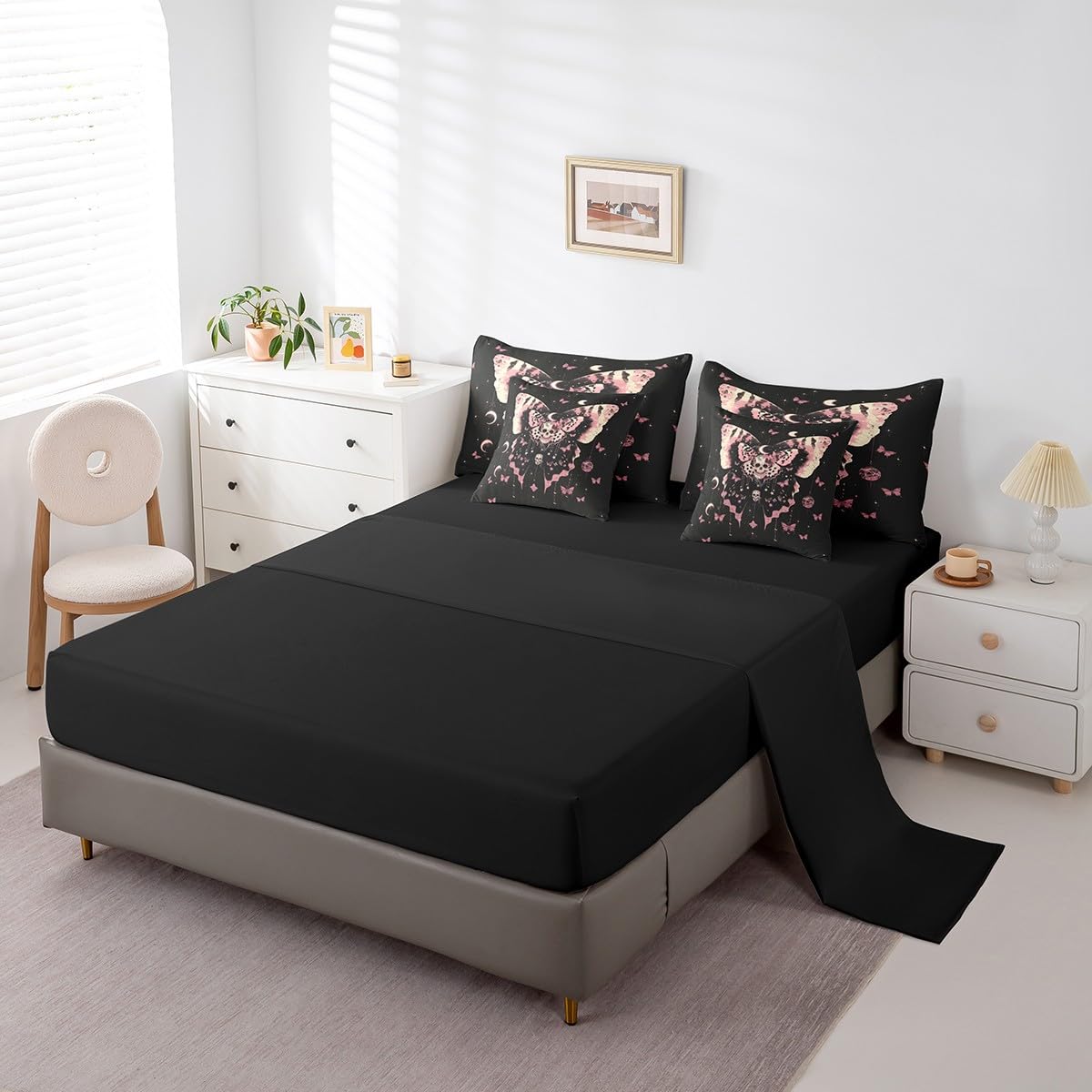Feelyou Death Moth Skull Heads 7 Piece Bedding Set Twin Size Halloween Decor Comforter Set with Sheets for Kids Boys Girls Adult Moon Butterfly Bed in a Bag Black Pink Bed Set