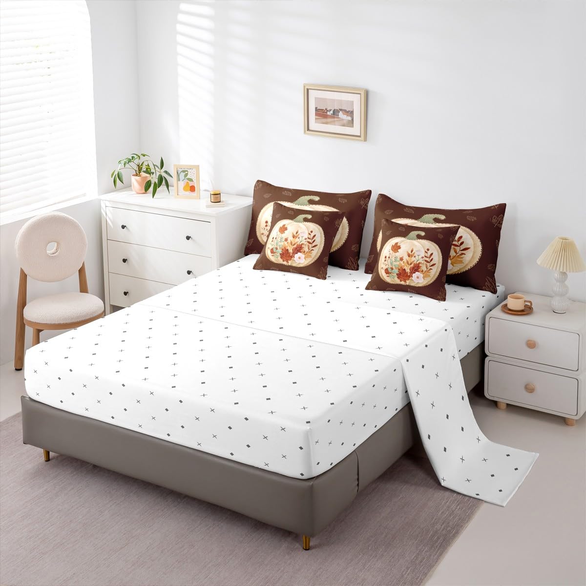 jejeloiu Fall Harvest Comforter Set with Sheets 7 Piece Twin Size Autumn Leaves Bedding Set for Kids Boys Girls Autumn Harvest Theme Bed in a Bag Room Decor Soft Lightweight Microfiber