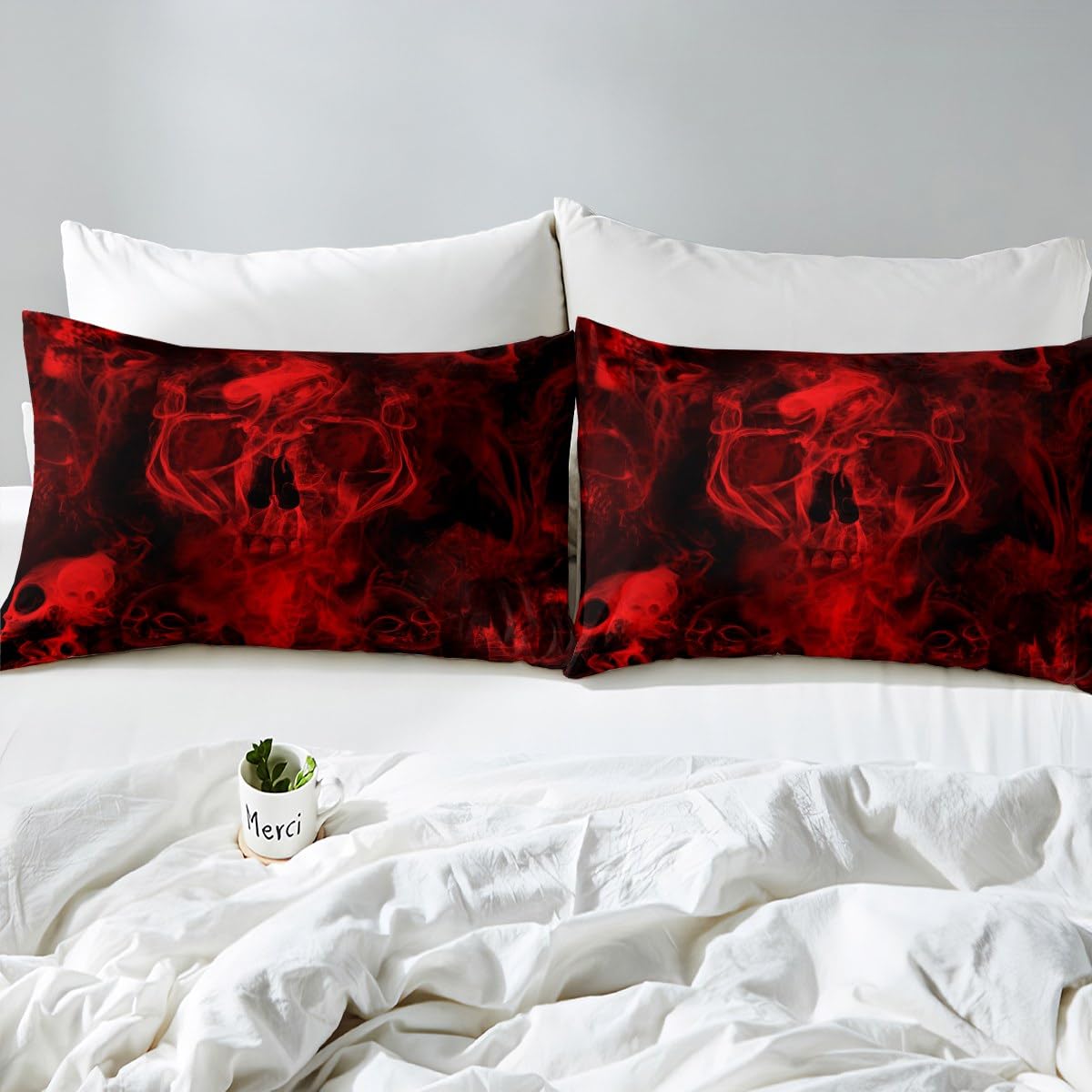 Gothic Skull Bed Sheets Red and Black Skeleton Sheet Set King for Boys Teens Men Women,Psychedelic Goth Skull Bedding Set Trippy Smoke Halloween Fitted Sheet + Horror Flat Sheet + 2 Pillow Cases