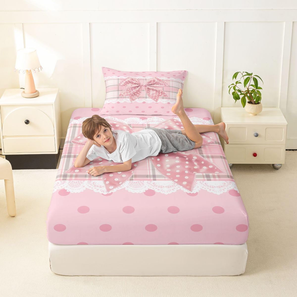 jejeloiu Pink White Bowkont Fitted Sheet Twin Size for Kids Boys Girls Plaid Bow Bed Sheets Set 16" Deep Pocket Soft Breathable Microfiber Polka Dots Bedding with 1 Pillowcase Room Decor