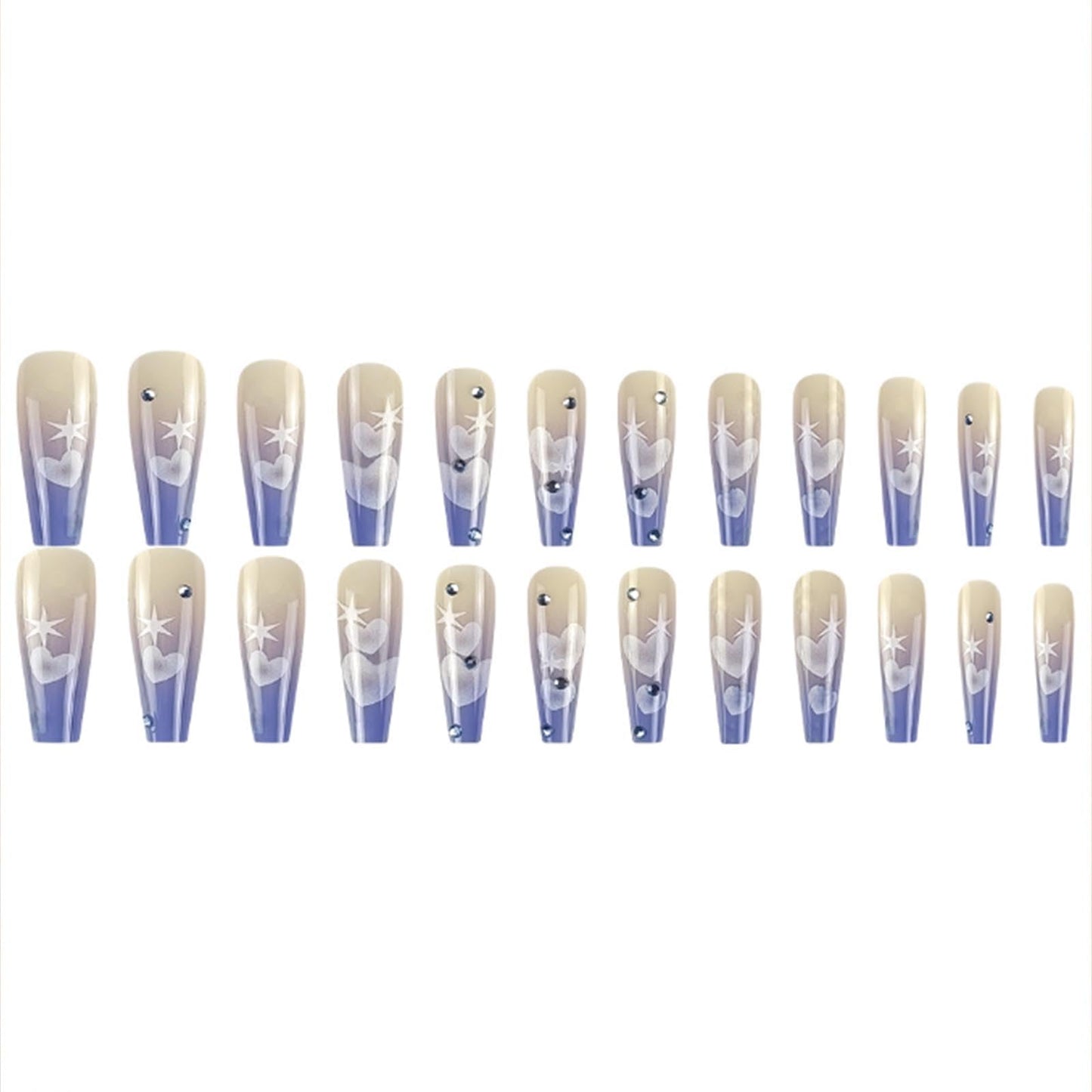 Gifiky Gradient Fake Nails Long Coffin Press on Nails Love Heart Pattern Nails Tips Acrylic Full Cover False Nails Blue for Women and Girls 24Pcs