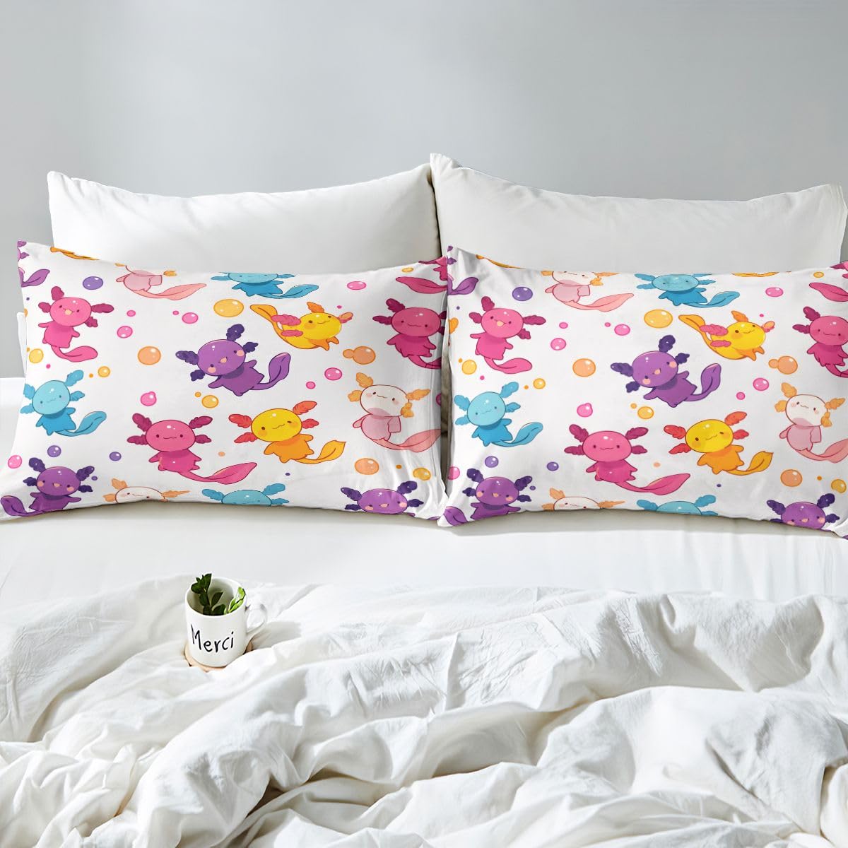 Erosebridal Axolotl Bed Sheets Full | Wildlife Sheet Set for Kids Boys Girls Cartoon Salamander Sheets Colorful Cute Beach Ocean Animals Flat Fitted Sheet 3 Pcs