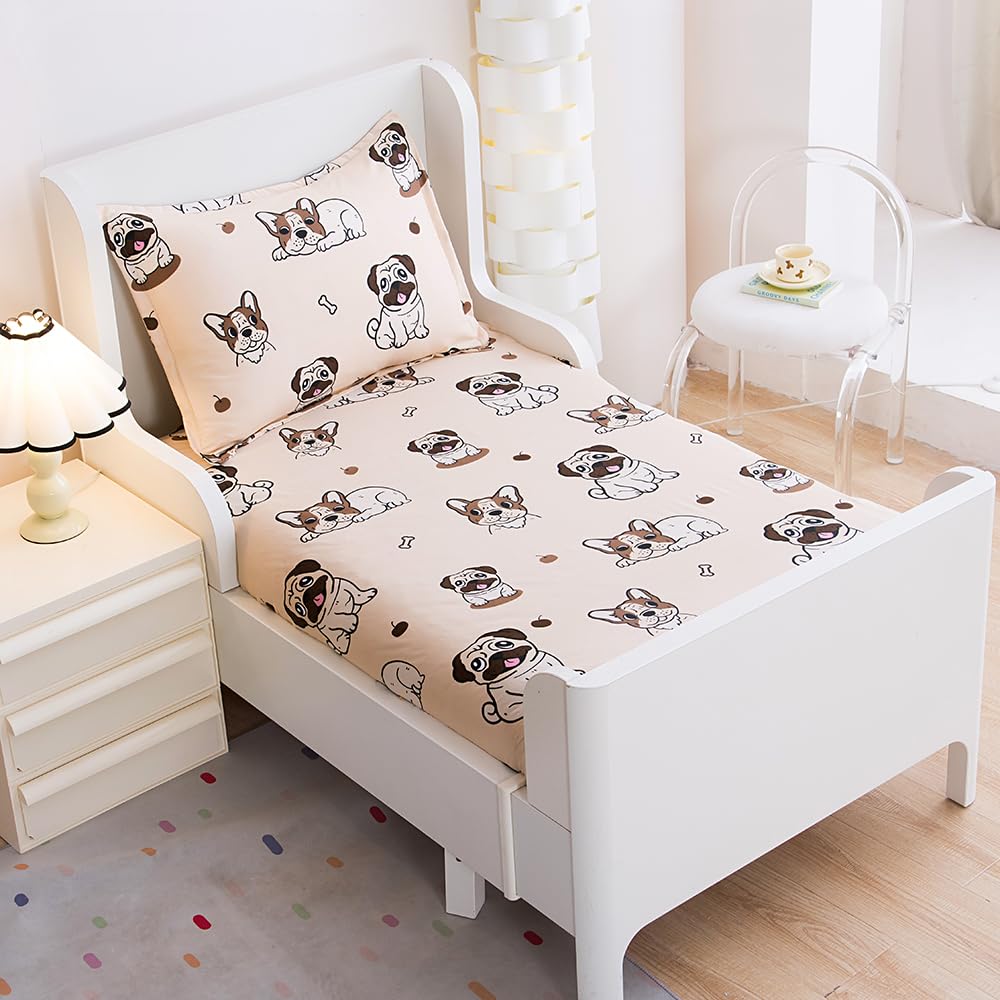 KWLOVER 2PC Soft Bed Fitted Sheet and Pillowcases Set,Cute Doggy Bulldog Puppy Pattern Printed Bed Sheets for Kids Boys Girls Full Size Bed (Light Brown, Full)