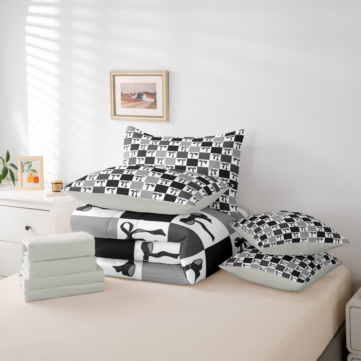 Erosebridal Bowknot 7 Piece Bedding Set Twin Grid Comforter Set with Sheets Cute Girly Geometric Plaid Check Bed in a Bag Aesthetic Kawaii Ribbon Bow Black for Kids Girls Women