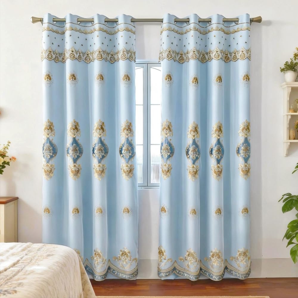 Amidoudou 1 Pair European Double Layer Curtains with Sheer Curtains for Living Room Bedroom Luxury Embroidered Blackout Curtains (Blue,52x84 Inch)
