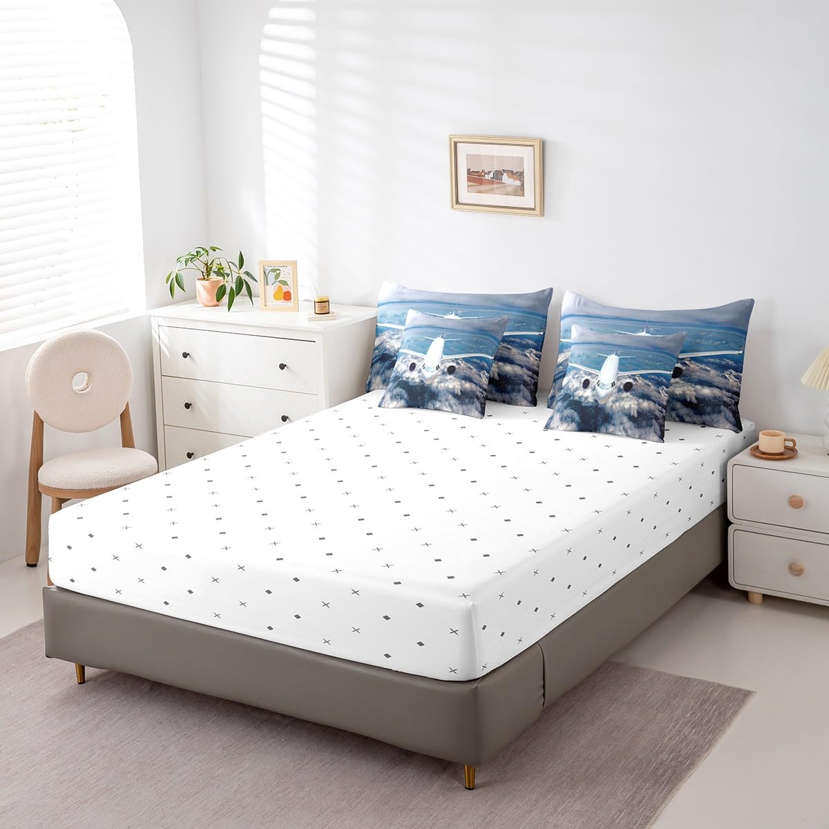 Erosebridal Aviation Aircraft Comforter Set 7 Piece Bed in a Bag Twin,Plane Airliner Bedding Sets Airplane Aeroplane Sheet Set with Comforter