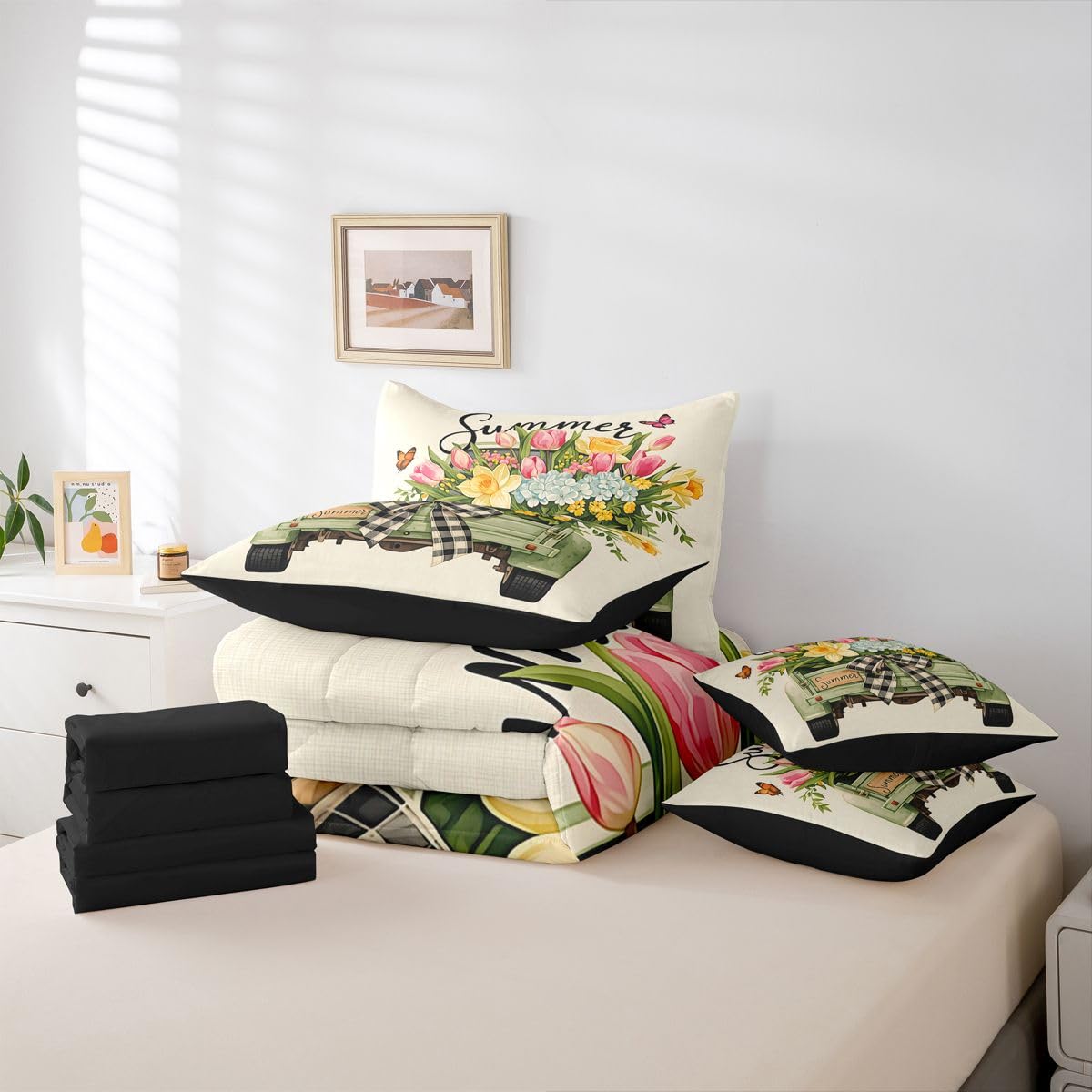 Erosebridal Floral Truck Queen Bedding Set Vintage Bow Green Pickup Comforter Set with Flat and Fitted Sheet Girls Women Summer Blooming Flower 7-Piece Bed in a Bag Countryside Farm Quilt Sets