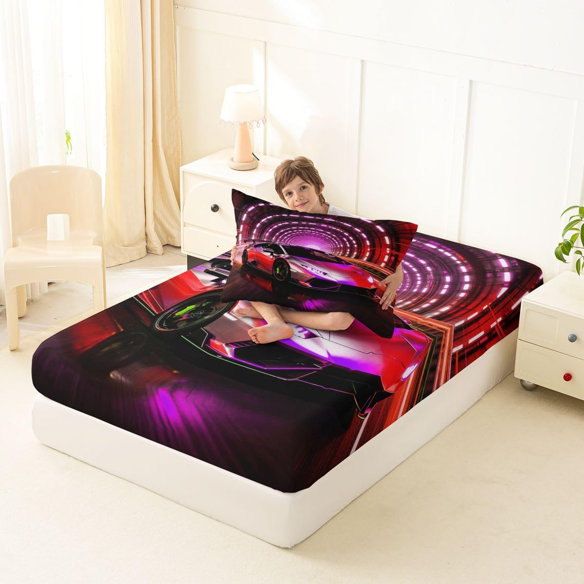 Feelyou Boys Sports Car Fitted Sheet with 1 Pillowcase Twin Size Pink Racing Car Bed Sheets Set 16" Deep Pocket Boys Girls Extreme Sports Bedding Teens Bedroom Decor Breathable Soft Lightweight
