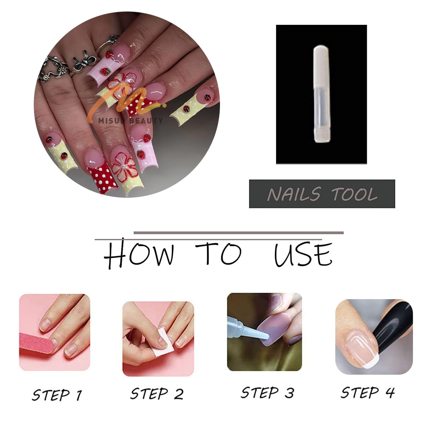 MISUD Press on Nails - Long Square Fake Nails with Spring Pink Yellow, Acrylic Checkered Polka Dot Strawberry Ladybug Design 24 pcs