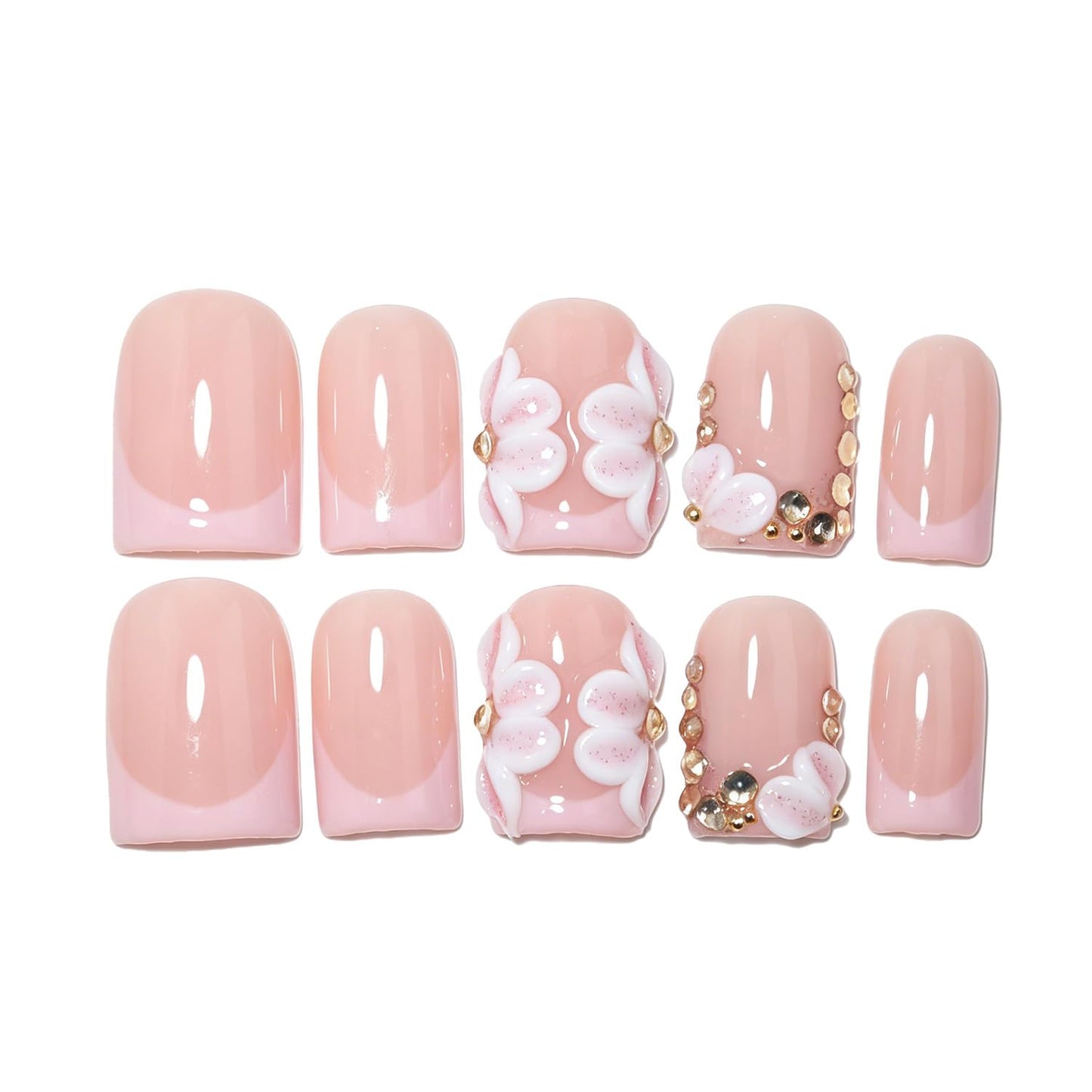 EasierGlow 10Pcs Handmade Short Square Press On Nails | Easy Apply & Remove, Reusable Salon Quality Nails | Nude Press Ons with Gold French Tips & 3D Floral Accents (Y208, S)