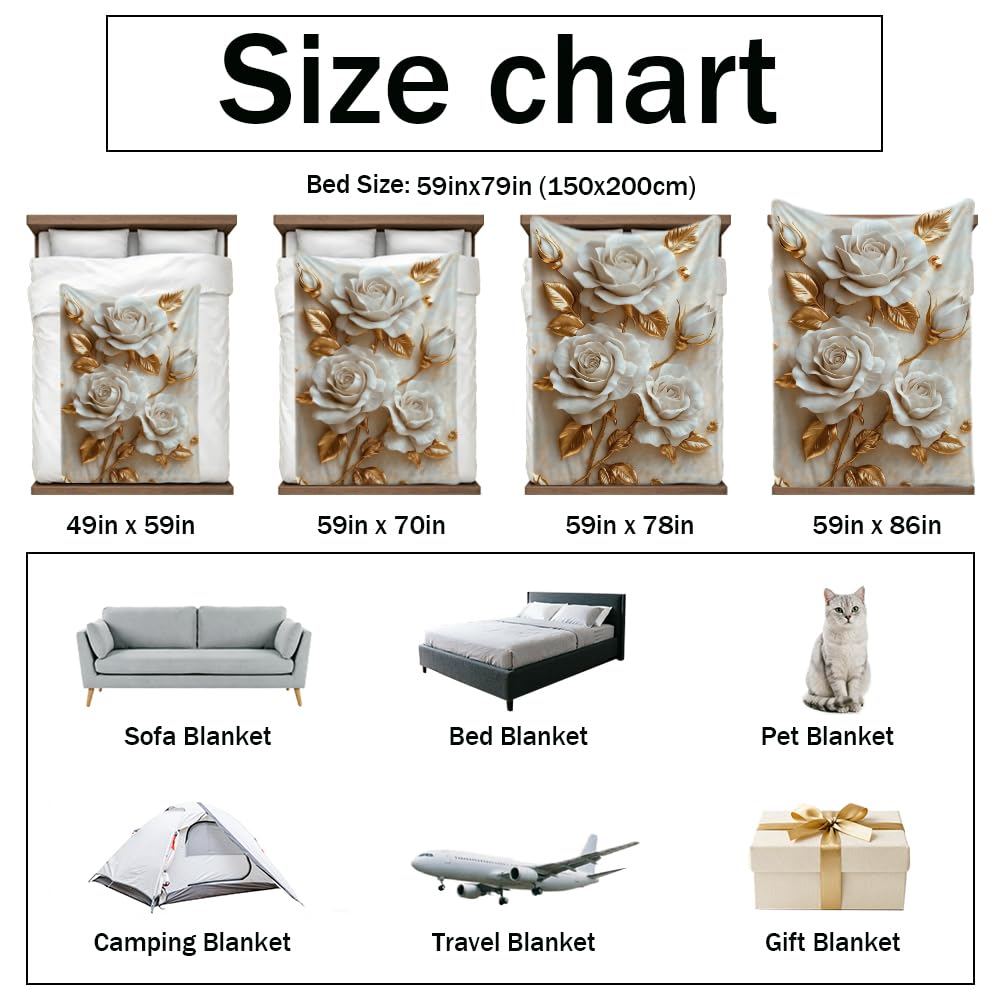 HUNXIAOJ Flower Print Blanket White and Gold Throw Blanket White Floral Print Flower Bedding Warm Soft Flannel for Adults Bed Sofa Couch (49in x 59in)