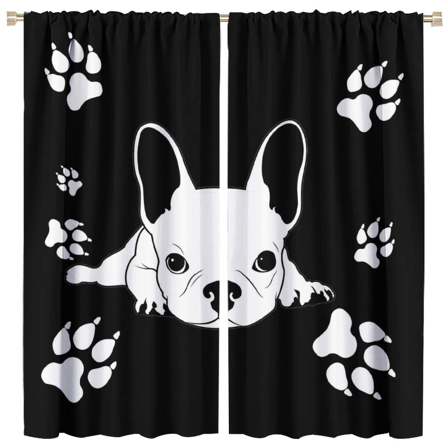 Kazynee Cute French Bulldog Rod Pocket Blackout Curtains for Bedroom - Black White Abstract Hand Painted Dog Paw Puppy Window Drapes,2 Panels 45L x 21W Thermal Insulated Room Darkening Curtains