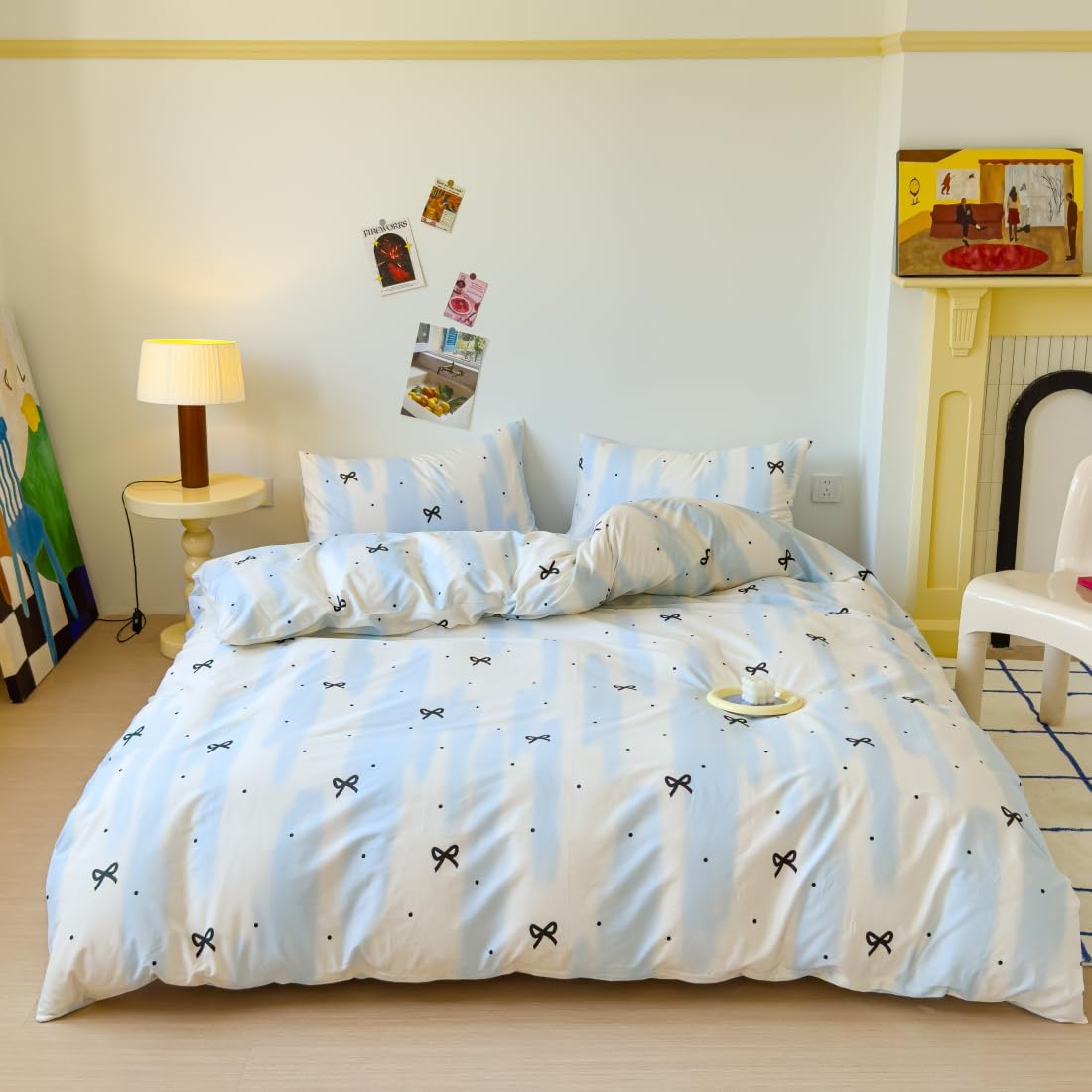 LIWHENHAO Bowknot Duvet Cover Set Queen 100% Cotton Bedding Black Bowknot Polka Dot on Blue White 1 Abstract Striped Comforter Cover Full Zipper Closure 2 Pillowcases for Kids Girls Boys Woman