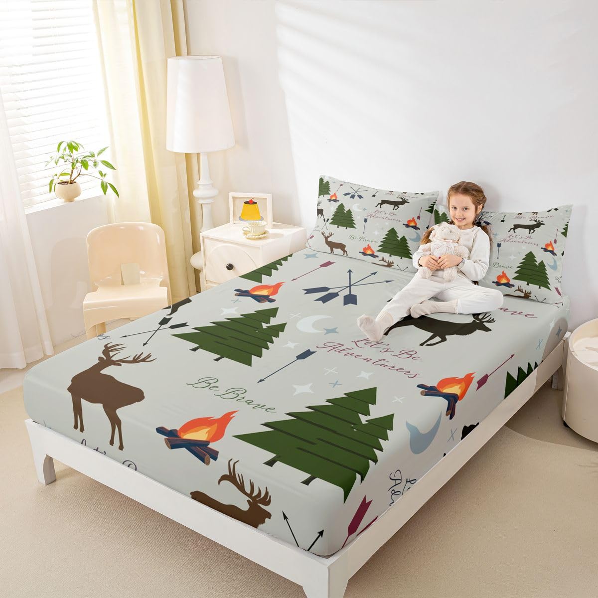 Adventure Deer Bedding Set Twin Size,Cartoon Pine Tree Jungle Animals Fitted Sheet,Arrow and Stars Moon Bed Sheet for Kids Girls Boys Adult Room Decor Rustic Camping Deep Pocket Sheet Green 2Pcs