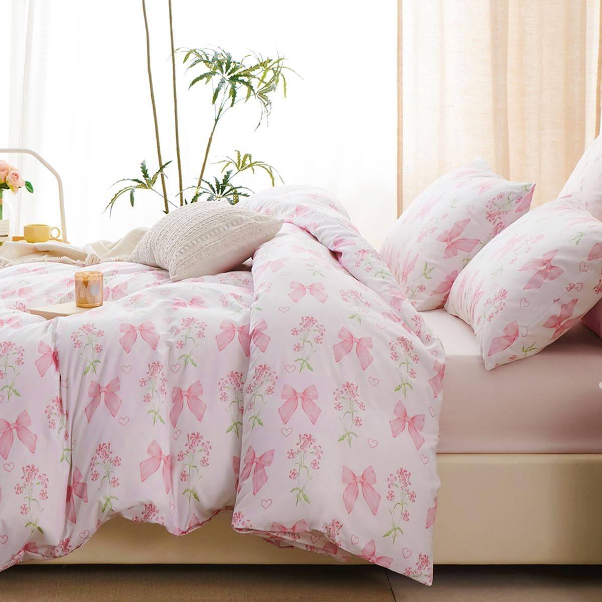 Sedefen Floral Duvet Cover Set Queen Size, 3 Pieces Pink Bow Bedding Set with Cute Heart Pattern, Romantic Spring Botanical Flower Soft Microfiber Duvet Cover for Kids Girls Bedroom & Princess Decor