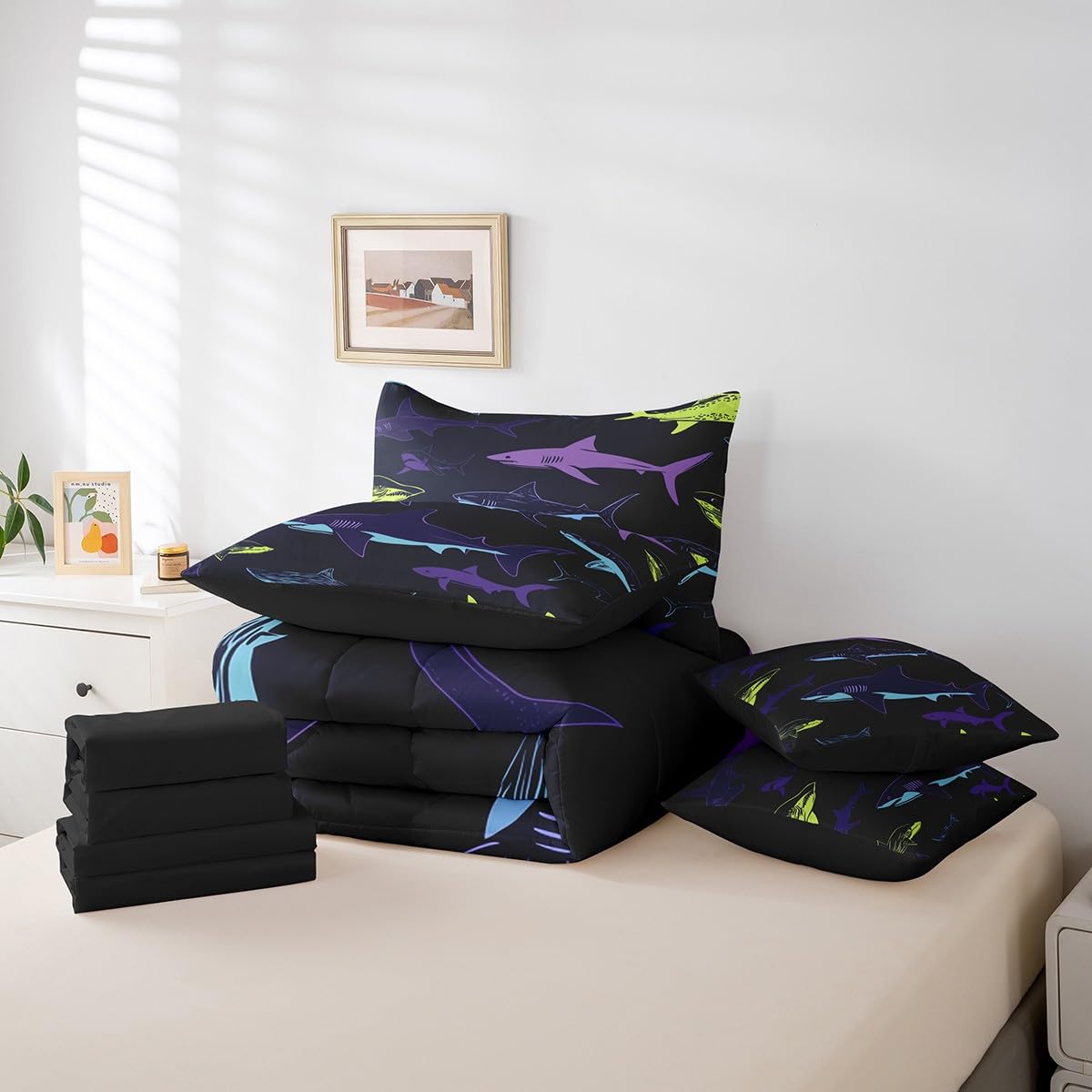 Erosebridal Shark Comforter Set 7 Piece Bed in a Bag Twin,Nautical Sea Animal Bedding Sets Ocean Decor Fish Comforter and Sheet Set,Coastal Sealife Bed Set