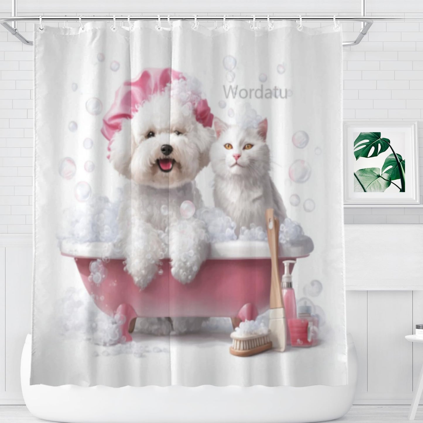 Wordatu Funny Bichon Frise Shower Curtain Decor Fabric Bathroom Curtains, Kids Children Cartoon Waterproof 72x72 inch with 12 Hooks