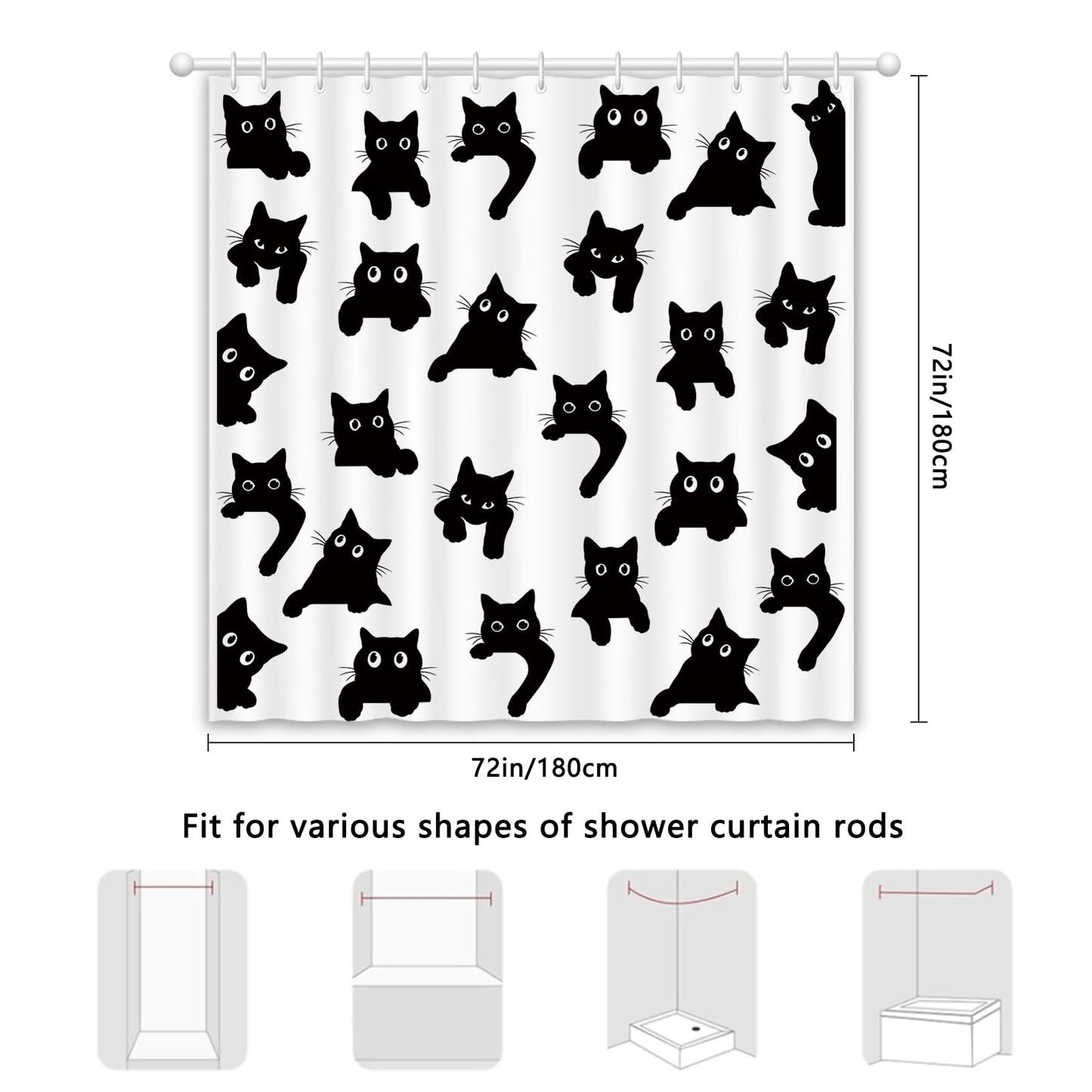 APROPHIC Cute Cat Shower Curtain 72x72 Inches, Funny Black Kitten Pattern Waterproof Polyester Bathroom Decor for Bathtub, Machine Washable Privacy Curtain for Bathroom, Bedroom with 12 Hooks