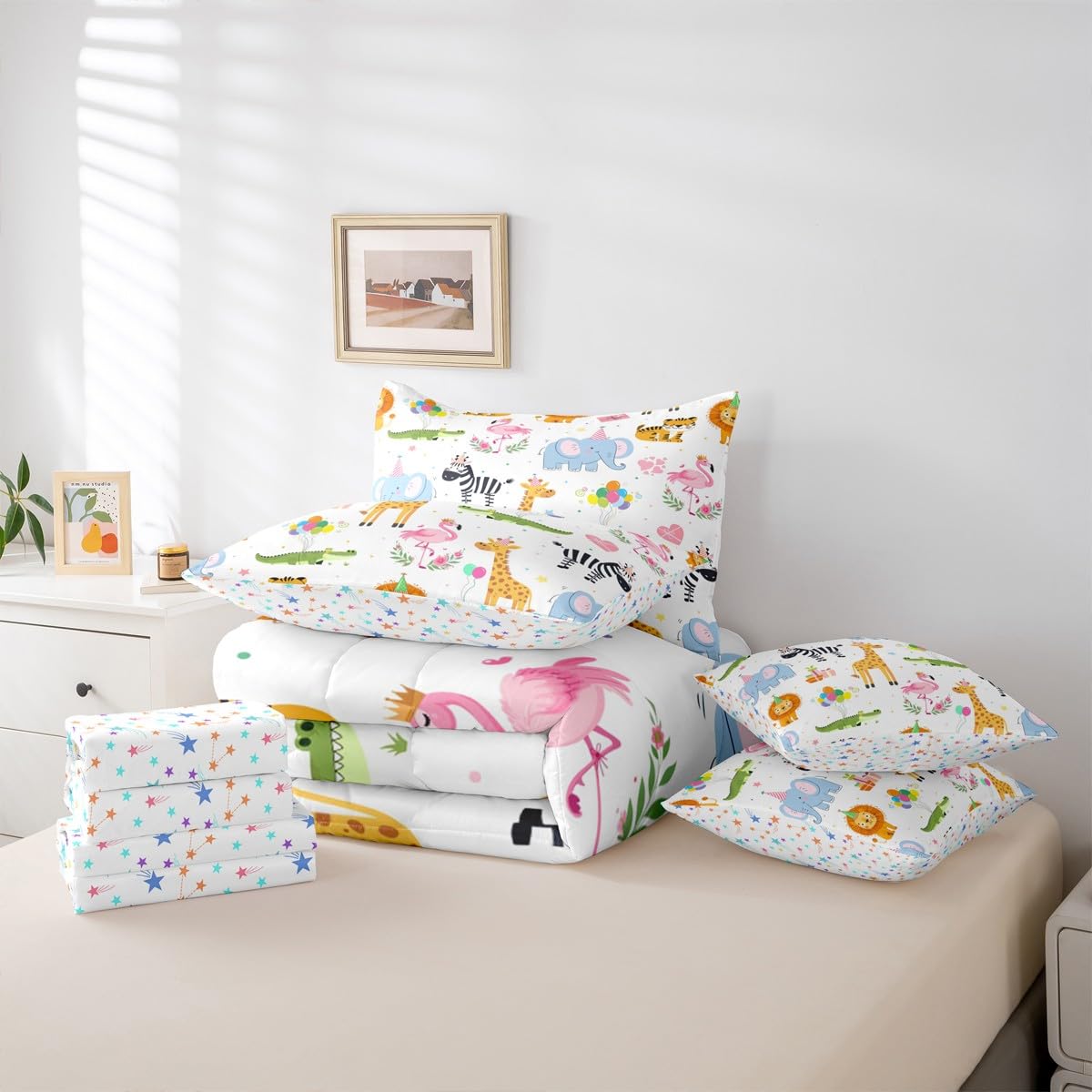 Erosebridal Party Animals 7 Piece Comforter Set Twin for Nursery | Funny Cartoon Wild Animals Bedding Set Kids Boys Girls Flamingo Giraffe Elephant Zebra Crocodile Sheets Love Heart Floral Quilt