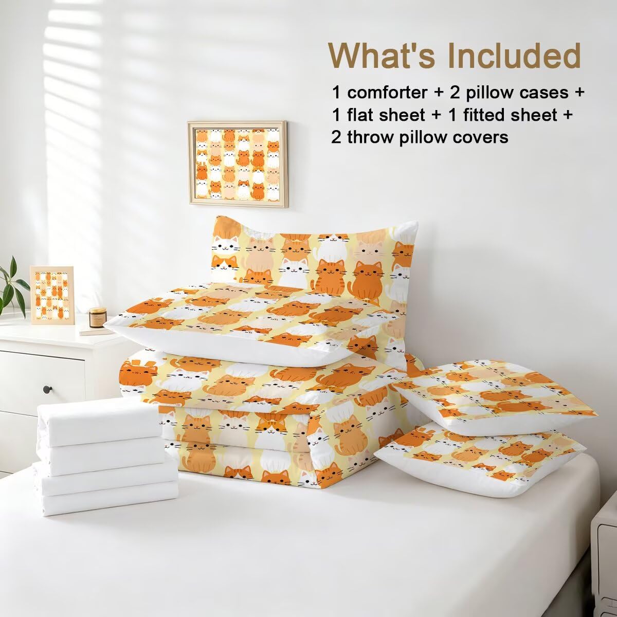 FUYEUN 7 Piece Cartoon Cute Cats Full Size Comforter Set for Girls Kids