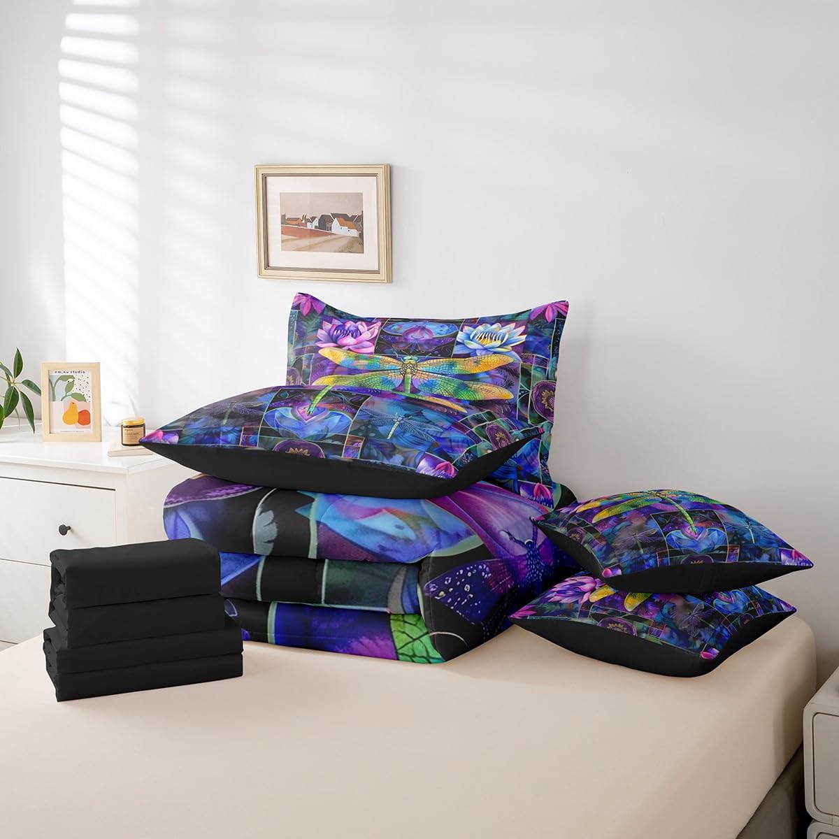 Erosebridal Boho Dragonfly Comforter Set Queen,Bohemian Lotus Flower Bedding Set 7Pcs for Kids Teens Girls,Gradient Butterfly Moth Quilt,Trippy Palm Leaves Bed in a Bag