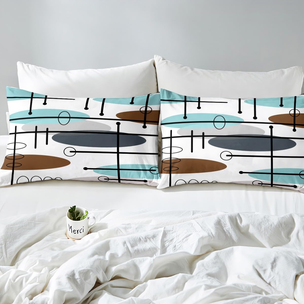 Erosebridal Mid Century Duvet Cover King Modern Minimalist Bedding Set, Hippie Old Fashion Comforter Cover Abstract Artwork Bed Set, Aesthetic Lines Circles Bedding Teal White Grey (Zipper Closure)