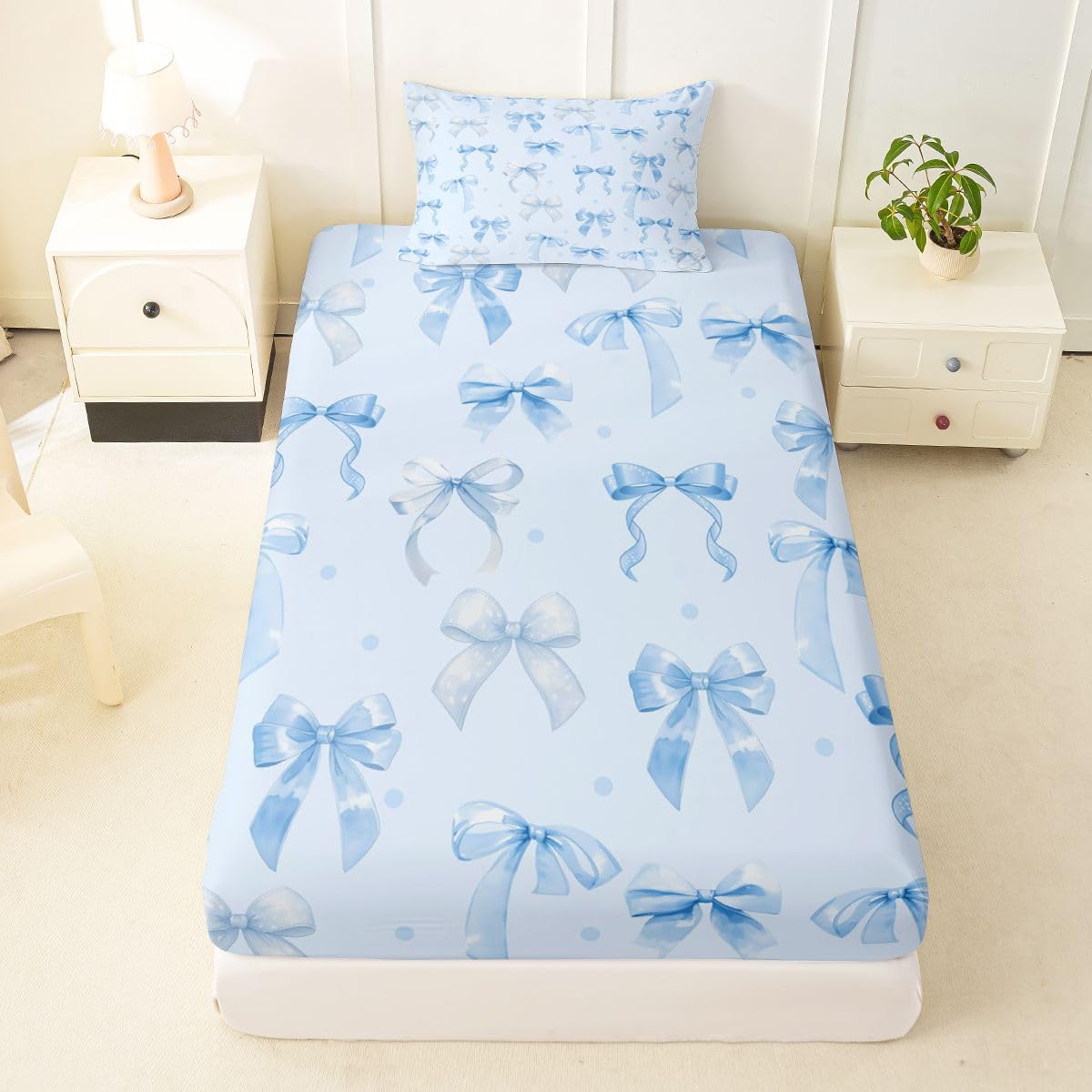 jejeloiu Cute Blue Bow Fitted Sheet with 1 Pillowcase Twin Size Ribbon Bow Knot Bed Sheets Set 16" Deep Pocket Boys Girls Dreamy Princess Bowknot Bedding Teens Bedroom Decor Breathable