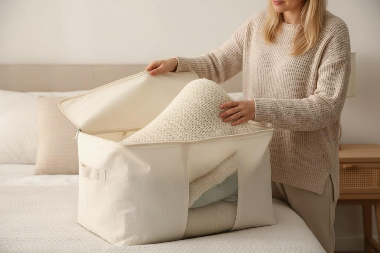 DoYiKe Soft Large Canvas Storage Bags with Zipper and Clear Window, Cotton Linen Storage Organizer for Pillows, Quilt, Blankets and Comforter, 80L, 4 Pack, Beige