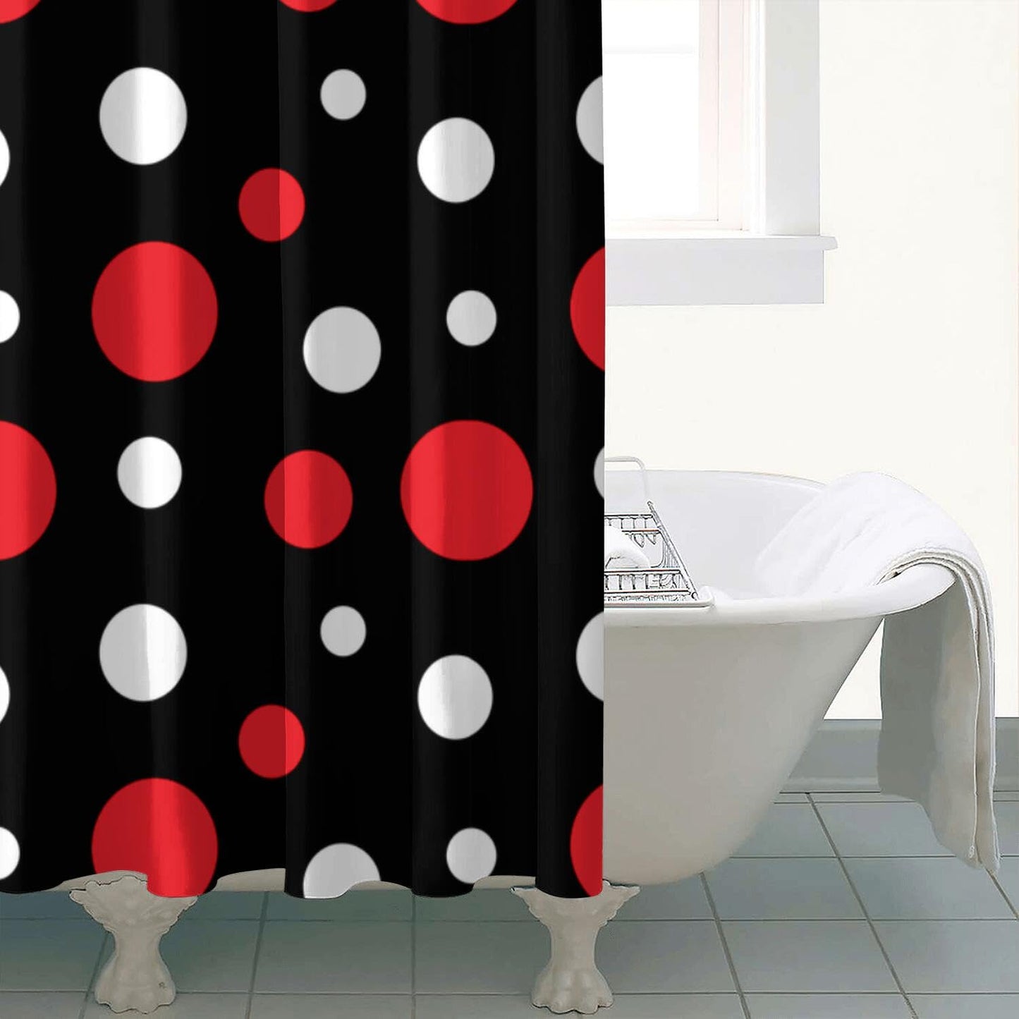 72x72 Inch Shower Curtain Home Decor Polka Dot Bath Curtain Sets Gift for Bathroom Accessories Great for Showers Bathtubs (Black bg red White dot)