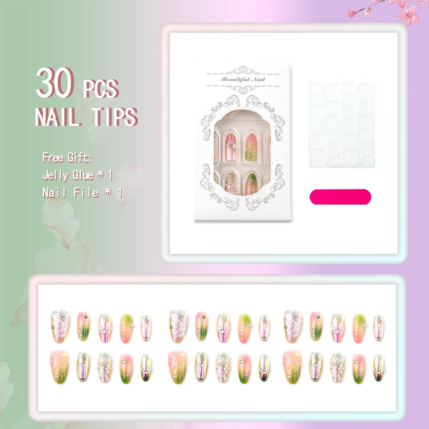 30Pcs Gradient Pink Glitter Green Smudge Press on Nails Medium Almond Fake Nails with 3D Rhinestone Design Butterfly Flower False Nails Full Cover Star Chrome Silver Acrylic Stick on Nails for Women