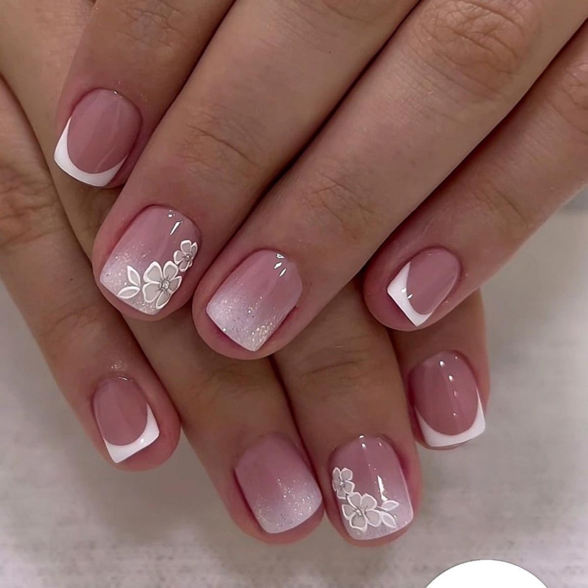 Mivota Short Square Press On Nails White Nude Gradient False Nails with White Silver Flowers Acrylic Press in Nails Gel Stick On Nails Set Glue on Nail for Women & Girls 24Pcs
