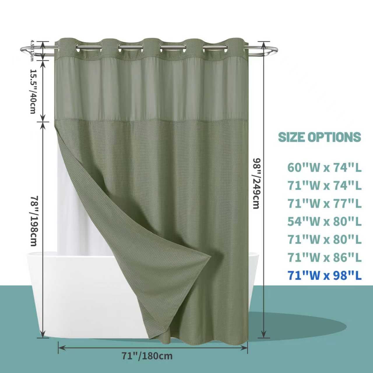 eachope SageGreen Extra Long No Hook Waffle Weave Shower Curtain with snap-in Liner Replacement, 230GSM Waterproof Fabric Hotel Shower Curtain Set for Bathroom, Through Mesh Top Window,71Wx98H