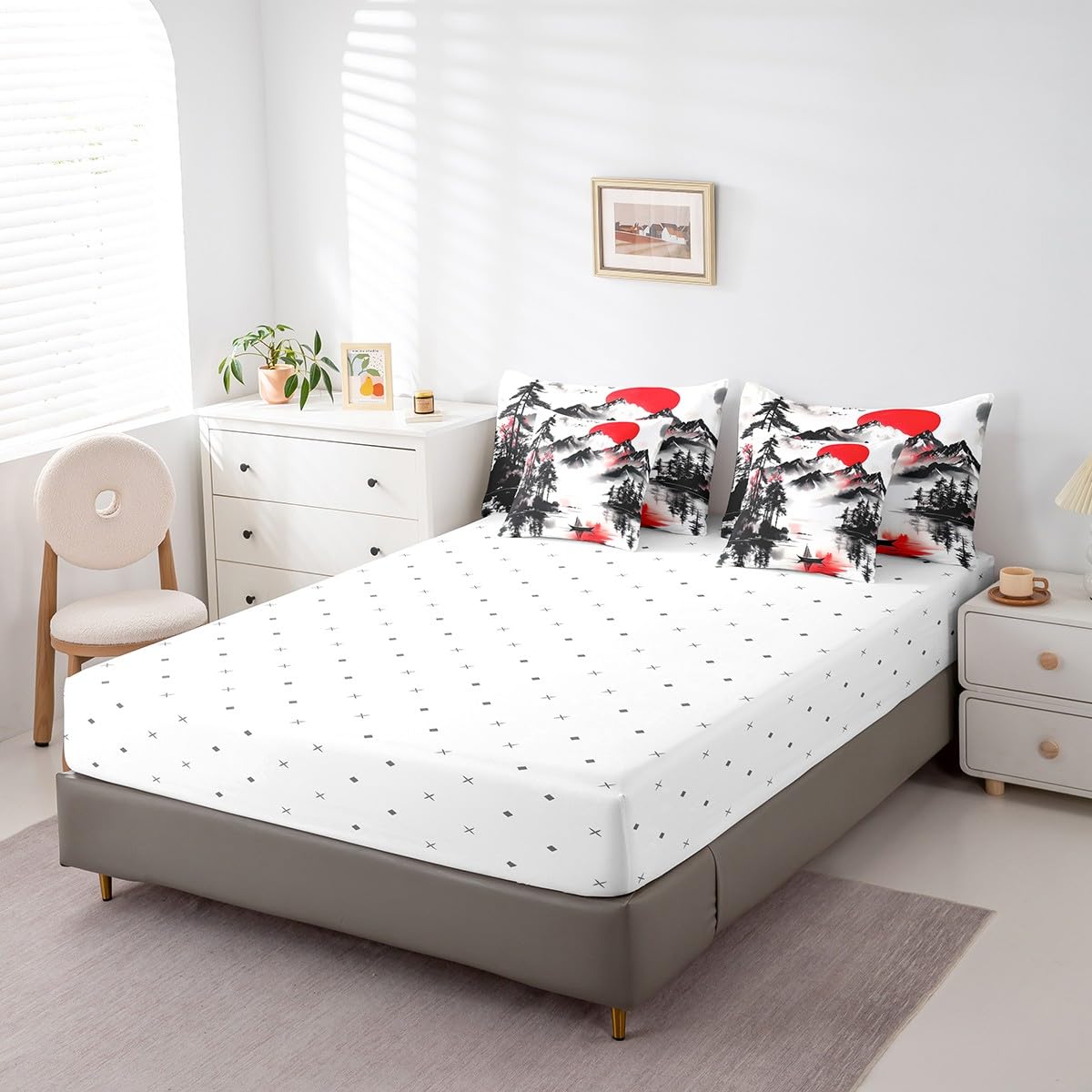 Erosebridal Oriental Style Queen Comforter Set 7 Piece,Rustic Mountain Themed Bedding Set with Sheets,Red and Black Aesthetic Bed Set Nature Scene Bed in a Bag with Fitted+Flat Sheet,Pillowcases