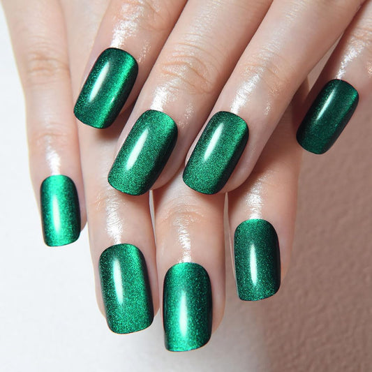 evpct Dark Emerald Green Metallic Cat Eye Press on Nails Square Medium, Stick on Nails Medium Length Square for Women, Green Metallic Nail press ons, Iridescent Glitter Acrylic Fake Press on Nail