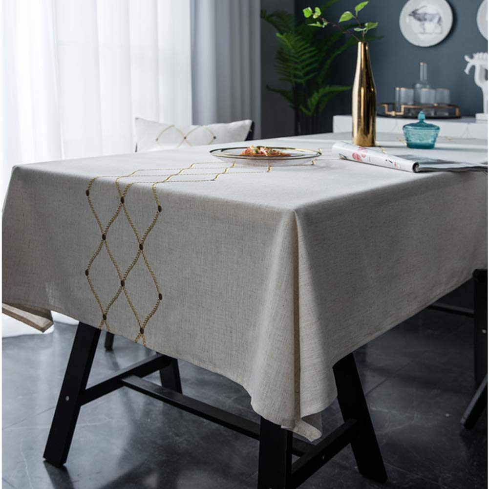 Bringsine Embroidery Geometric Tablecloth Heavy Weight Cotton Linen Fabric Water-Proof Table Cover for Kitchen Dinning Tabletop Decoration (Rectangle, 53 x 102 Inch)