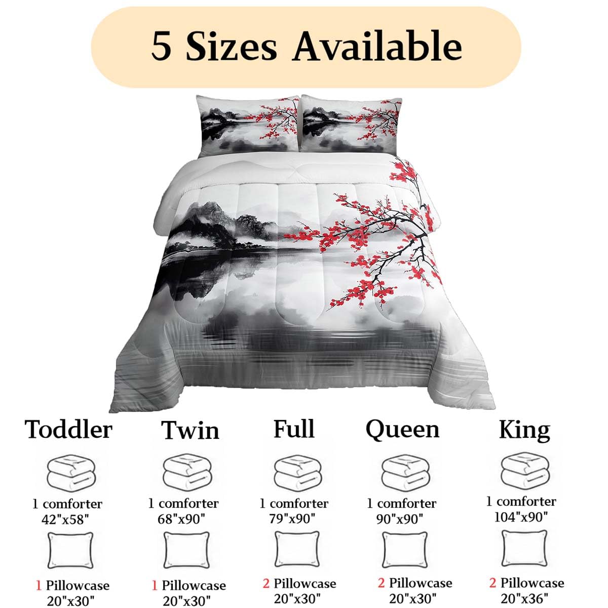 jejeloiu Chinese Ink Painting Comforter Set All Season Cherry Blossom Bedding Set with 2 Pillow Cases Mountain Microfiber Kids Queen Bedclothes Japanese Style Bedroom Decor Duvet Quilt Breathable Soft