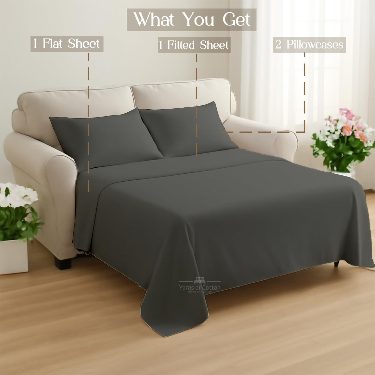 Sleeper Sofa Bed Sheet, 100% Cotton 400 Thread Count, 4 Piece Set, Deep Pocket Fitted Sheet, Soft Wrinkle Free & Breathable, Luxury Hotel Quality, Fits Up to 6 Inch Mattress (Full, Dark Grey)