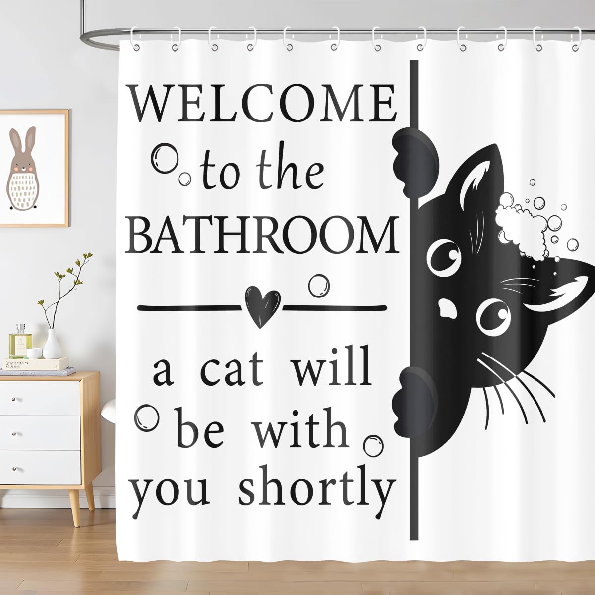 BIYSUC Funny Cat Shower Curtain Cat Lovers Welcome to Bathroom Cute Animal Home Decor Waterproof Polyester Fabric 72Lx72W Inch with Plastic Hooks
