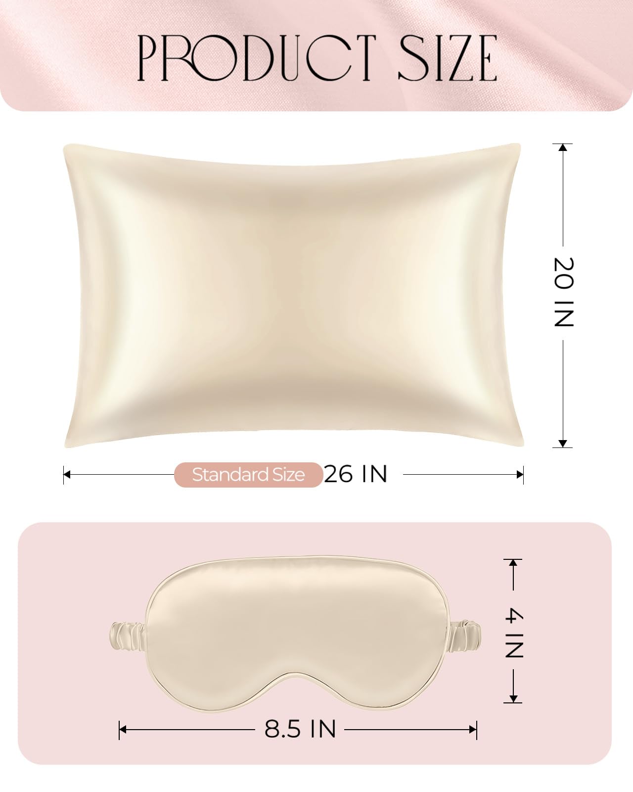 Miss Adola Mulberry Silk Pillowcase Set - 1 Pc Silk Pillowcase with Eye Mask & Scrunchie, Soft Standard 20"x26" Pillow Case for Hair and Skin, Sleeping Gift for Women, Champagne Gold
