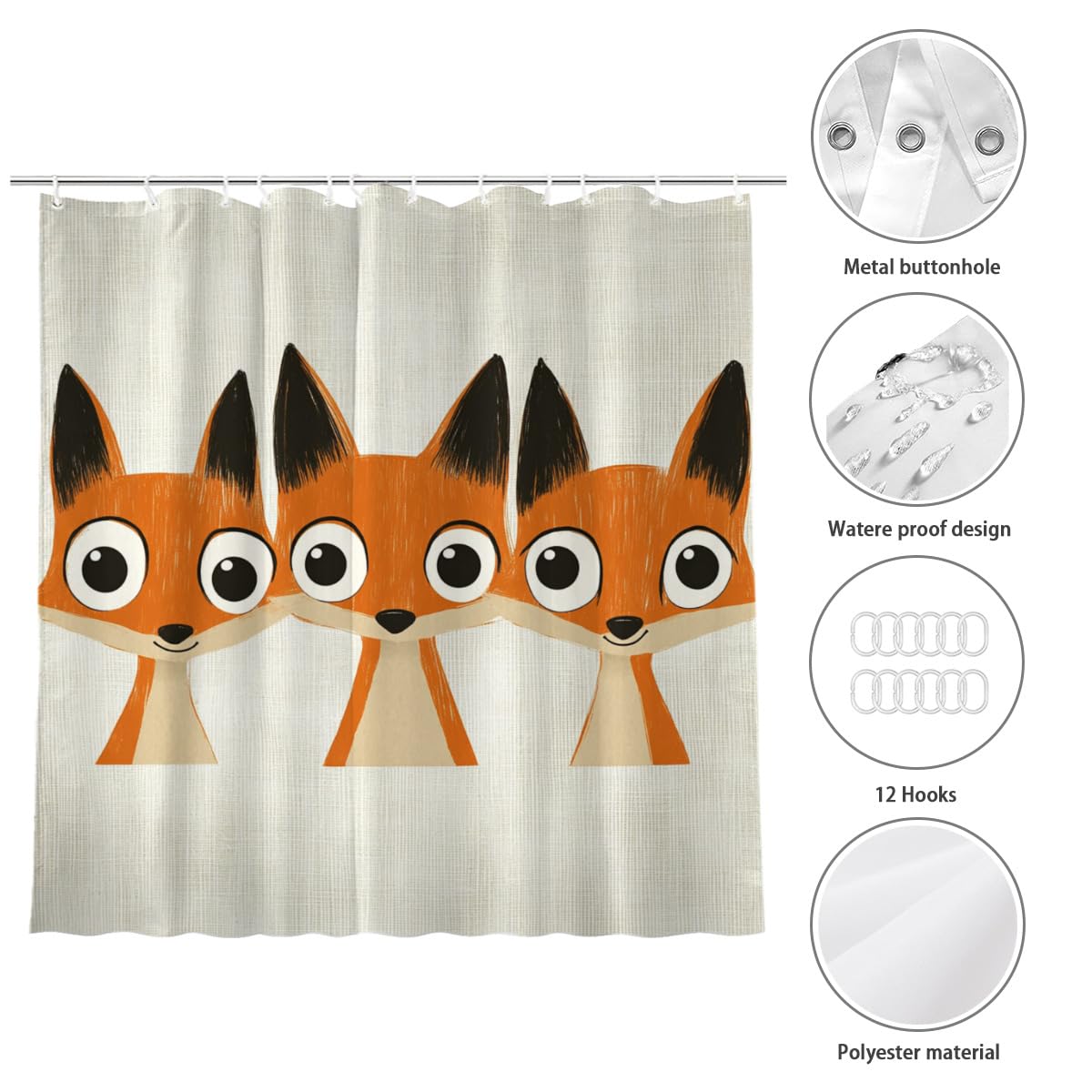 KEEPAEON Funny Fox Bath Shower Curtain, Bathroom Curtain Washable Cloth Kids Shower Curtain Sets with 12 Hooks for Bathroom Decor, 72"x72"