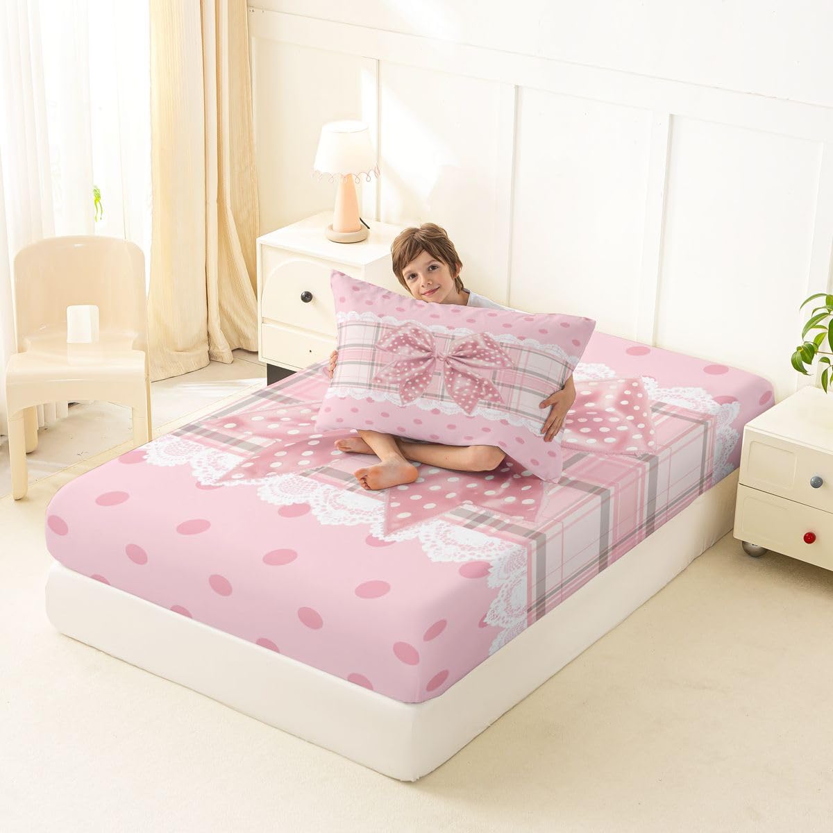 jejeloiu Pink White Bowkont Fitted Sheet Twin Size for Kids Boys Girls Plaid Bow Bed Sheets Set 16" Deep Pocket Soft Breathable Microfiber Polka Dots Bedding with 1 Pillowcase Room Decor