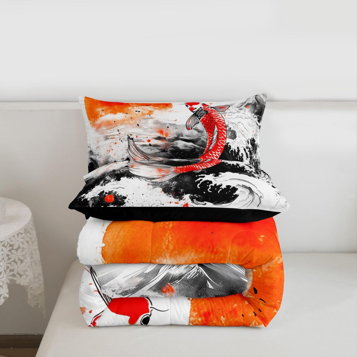 jejeloiu Wave Bedding Set Soft for Boys Girls, Japanese Style Comforter Set Queen Size Fish Duvet Quilt Microfiber Red Sun Bedroom Decor 3 Pcs with 2 Pillow Cases