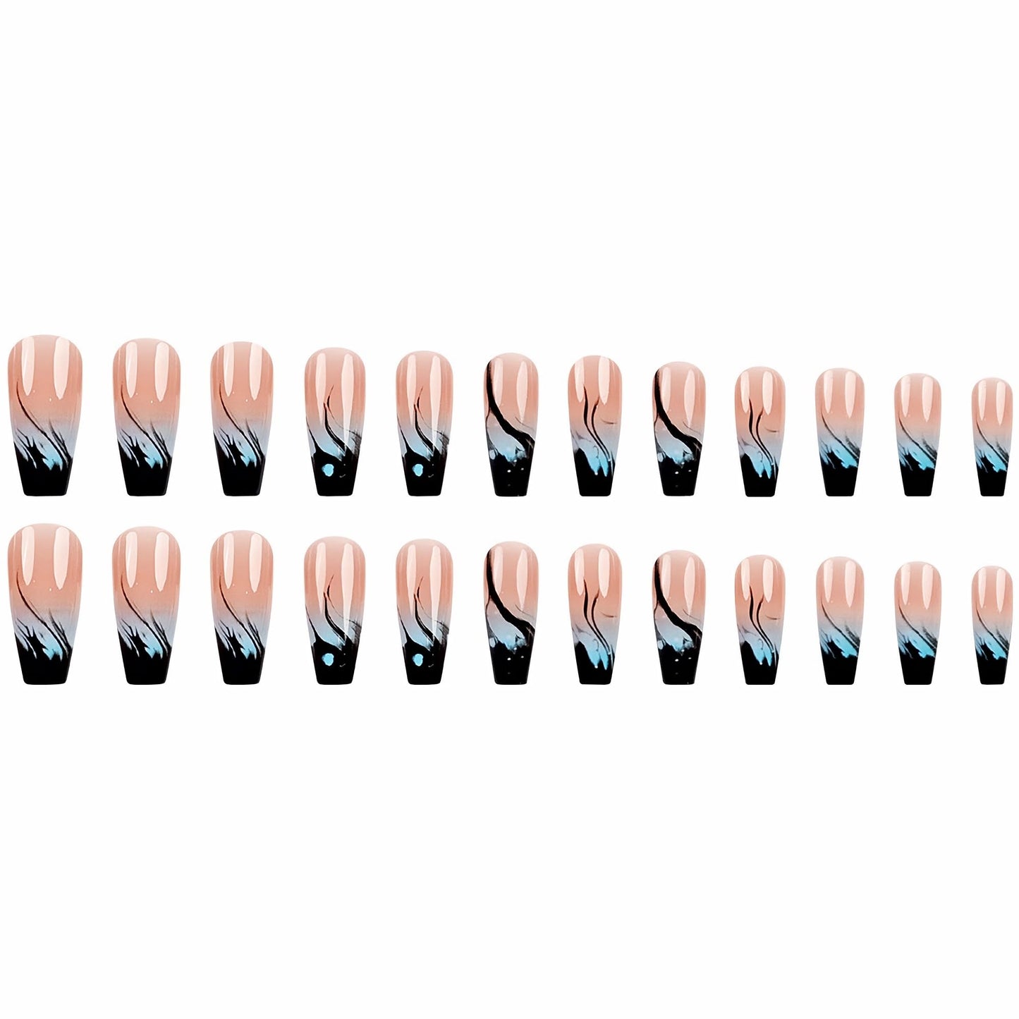 MERVF Coffin Press on Nails Long Fake Nails Black French Tip Glue ons Blue Ombre Design Acrylic Goth Ballerina Flame Fire Summer Manicure Art Glossy 24pcs