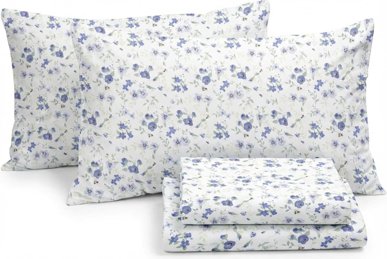 Linen Market Patterned Microfiber Full Sheet Set 4 Piece – Oeko-TEX Certified Ultra Soft & Wrinkle-Free - 16" Deep Pocket Sheets - Easy Care Full Size - Blossoms Light Blue