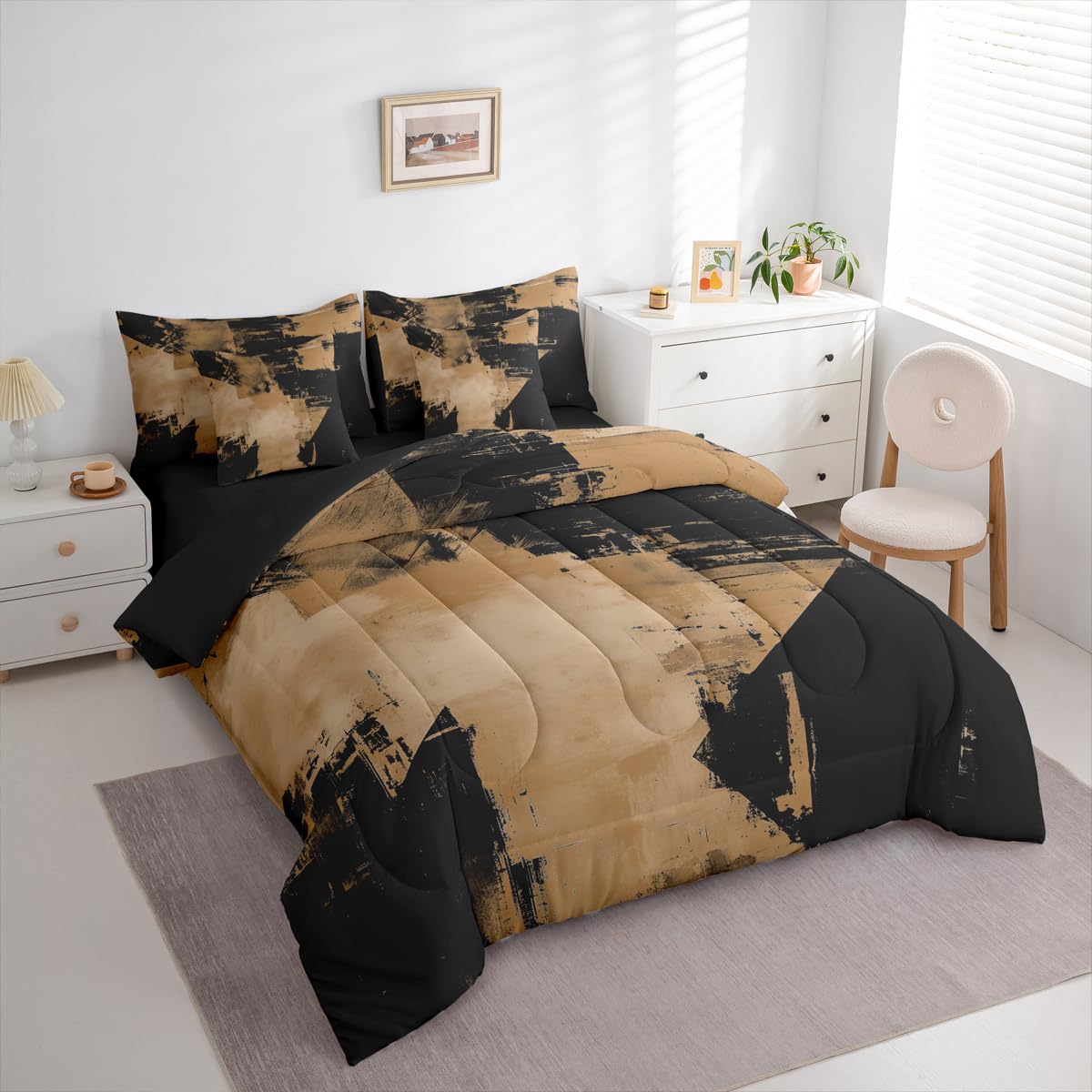 Feelyou Abstract Comforter Set King Size 7 Pieces Modern Abstract Art Bedding Set Luxury Bed in a Bag with Comforter, Sheets, Pillowcases, Cushion Covers Geometric Bedroom Decor Deep Brown