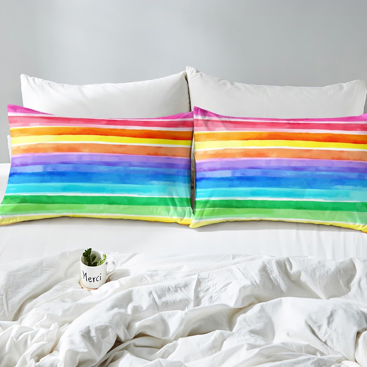 Feelyou Rainbow Bedding Fitted Sheet with Colorful Stripes - 1 Bed Sheet Set with 2 Pillowcases for Kids - Full Size