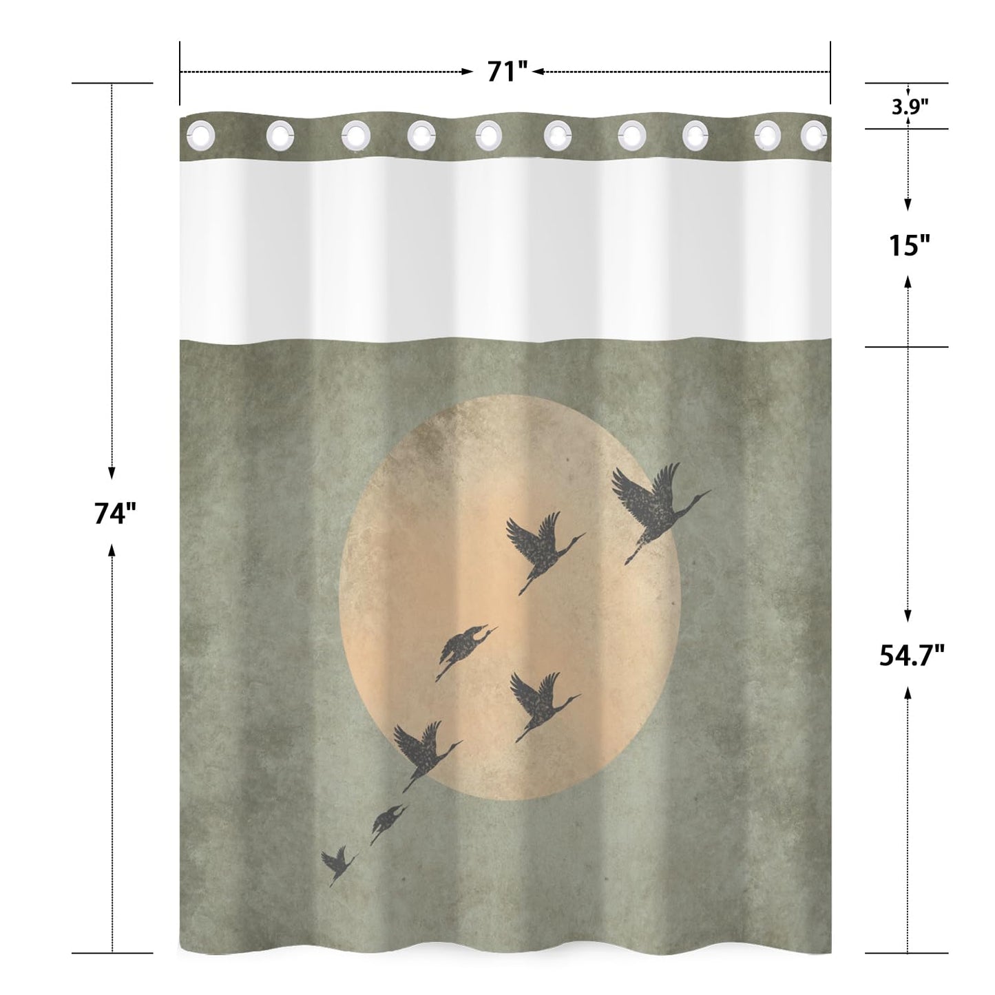 NAEMBCU No Hook Shower Curtain with Snap in Liner, Zen Moon and Crane Silhouette Print - Waterproof Double Layer Bath Tub Curtain with Mesh Top for Japandi Wabi Sabi Bathroom Decor, 71W x 74H
