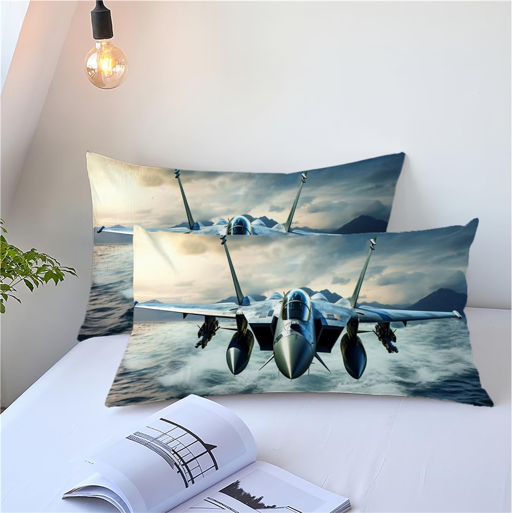 Albideyaa Fighter Comforter Twin Size Cool Blue Fighter Jet Over The Sea Surface Room Decorative Comforter Set War Themed Military Airplane Bedding Set for Boys Kids Teens, Twin