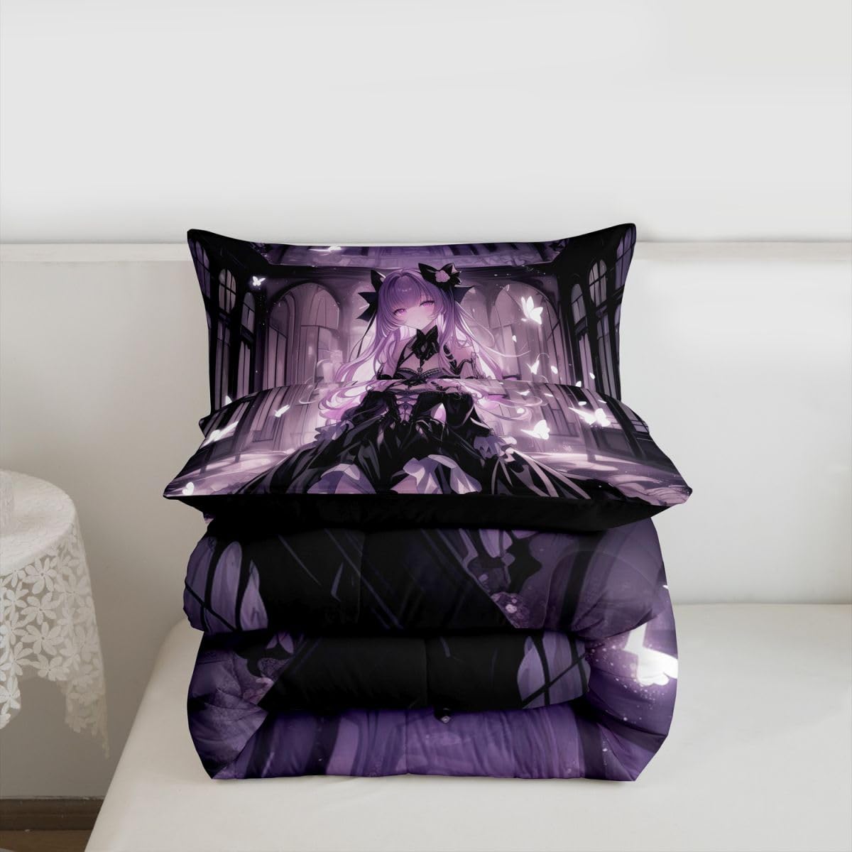 Erosebridal 3D Girly Kids Comforter Set | Japanese Girl Bedding Full Size Anime Gifts Down Comforter Purple Dreamy Butterfly Print Duvet Set for Bedroom
